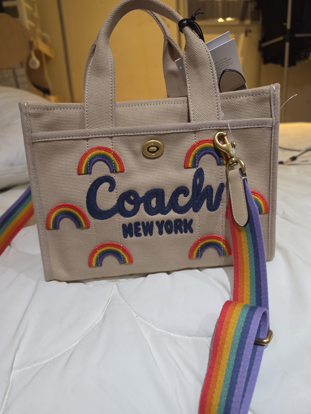 Coach Rainbow Embroidered Beige Canvas Mini Tote with Rainbow Strap